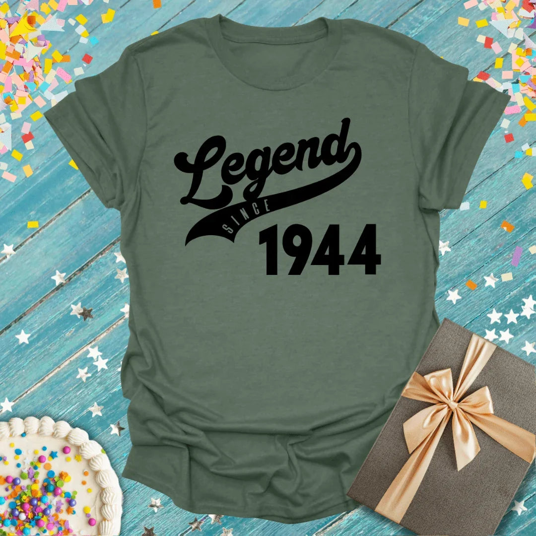 Legend Since 1944 birthday tee with confetti, cake, and gift — soft milestone shirt for celebrations