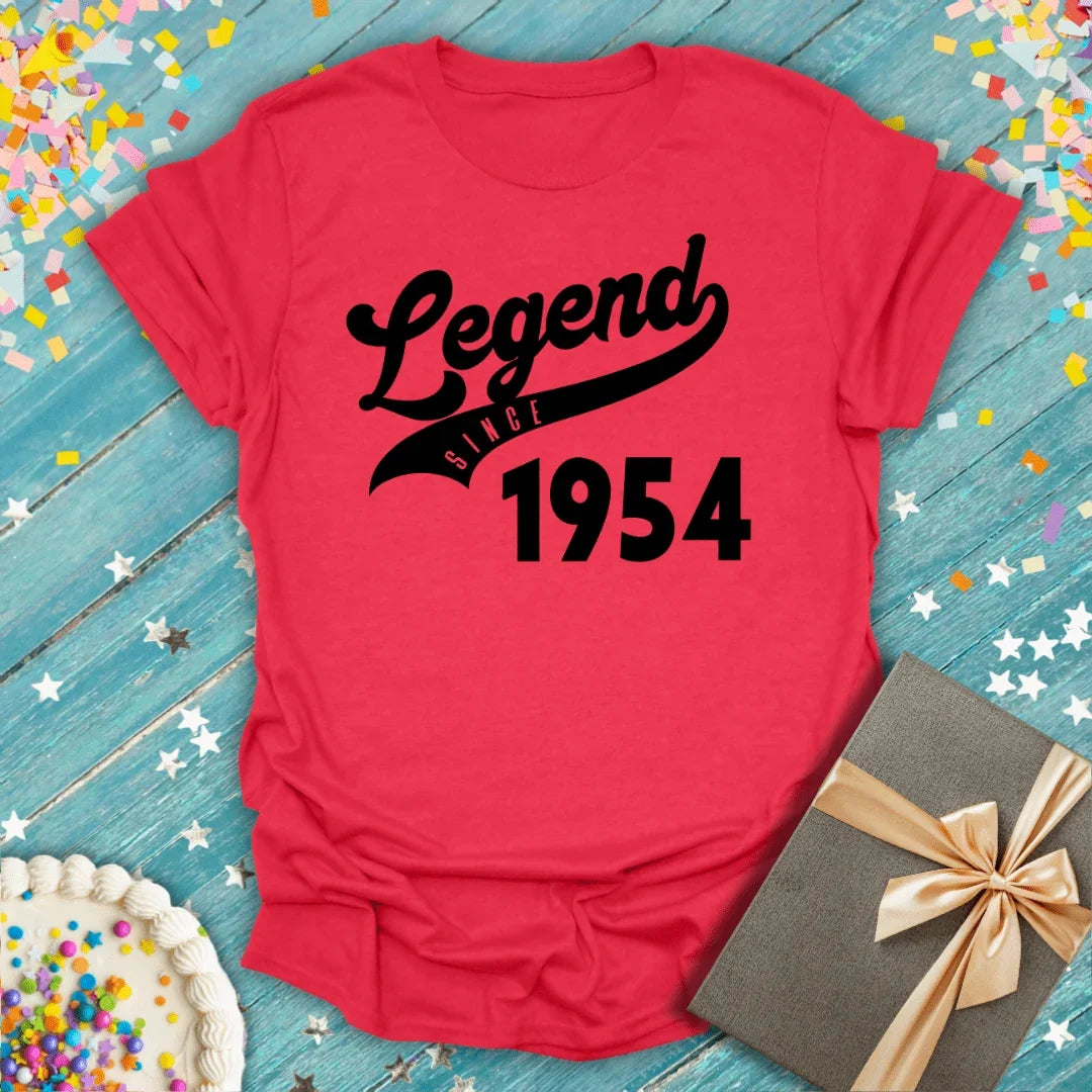 Red 'Legend Since 1954' birthday tee with cake, gift, and confetti — perfect for milestone celebrations