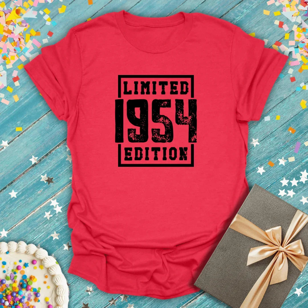 Red 'Limited 1954 Edition' birthday tee with confetti, cake, and gift — perfect for milestone celebrations.