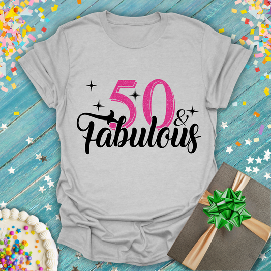 50 and Fabulous Pink Faux Glitter T-Shirt