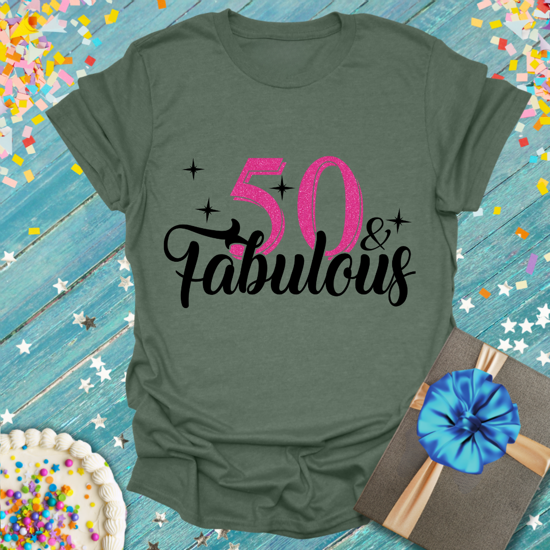 50 and Fabulous Pink Faux Glitter T-Shirt