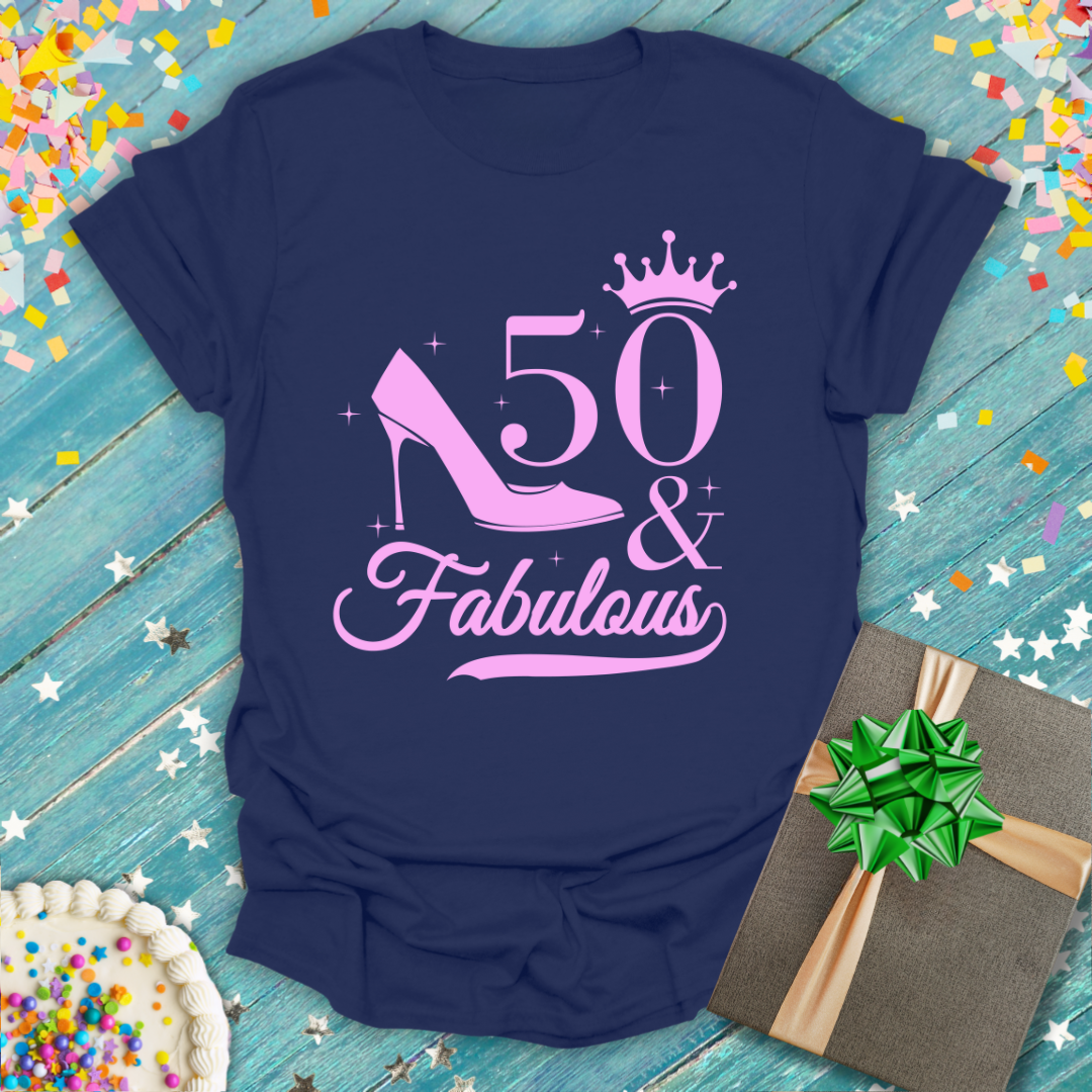 Navy Epic Era Tees shirt featuring '50 and Fabulous' text with a pink high heel and crown graphic.