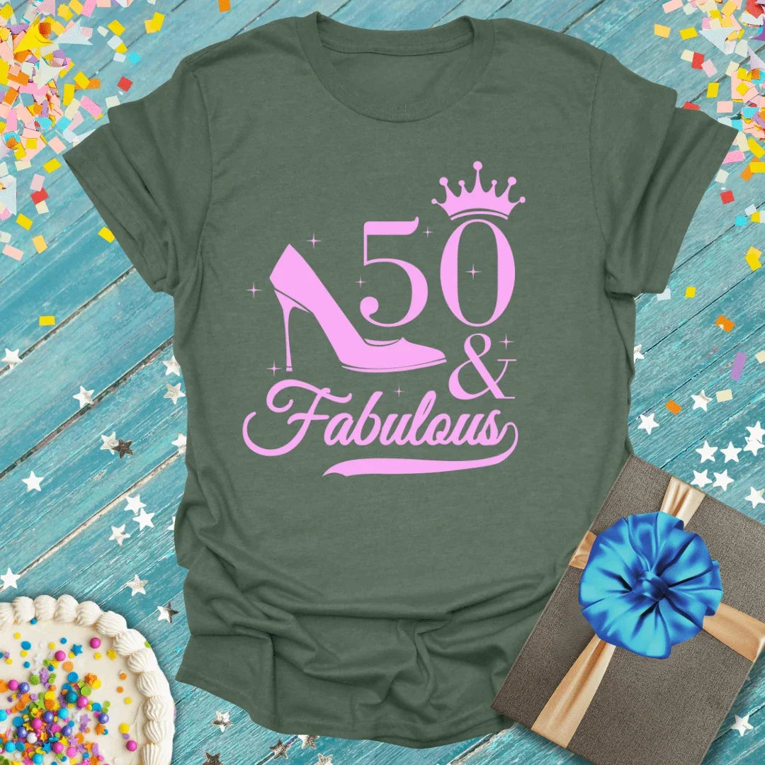 50 & Fabulous birthday tee with pink crown, heel, and confetti—perfect for milestone celebrations