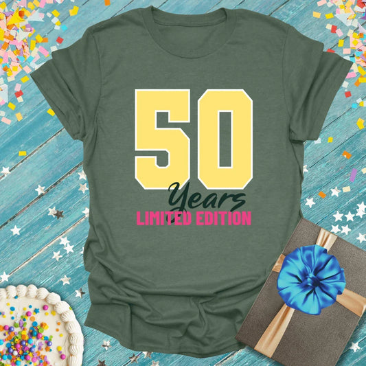 Epic Era Tees olive green shirt featuring a yellow '50 Years' and pink 'Limited Edition' graphic.