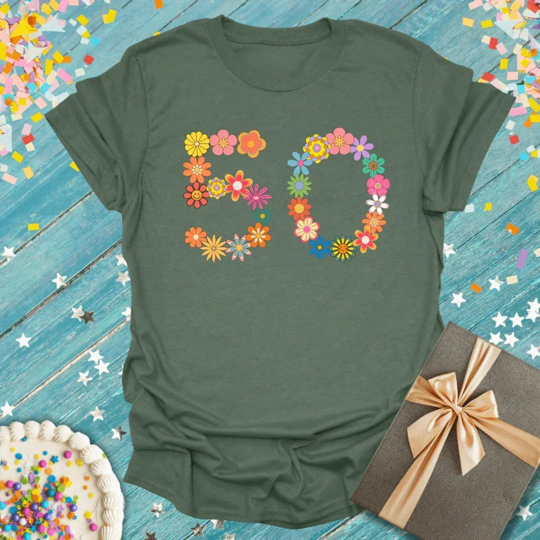 Floral 50th birthday tee with confetti, cake, and gift—perfect for milestone celebrations