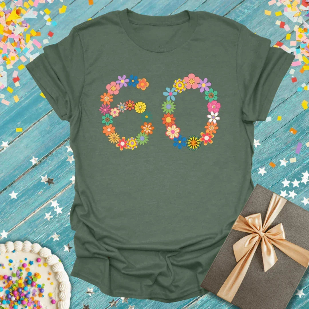 60th birthday tee with colorful floral number 60, perfect for milestone celebrations and gifts