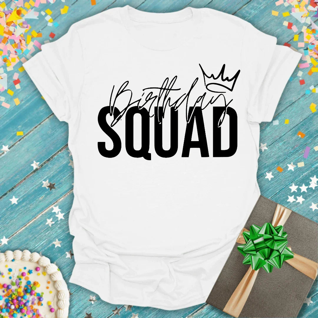 White 'Birthday Squad' tee with crown graphic, perfect for birthday celebrations and group gifts