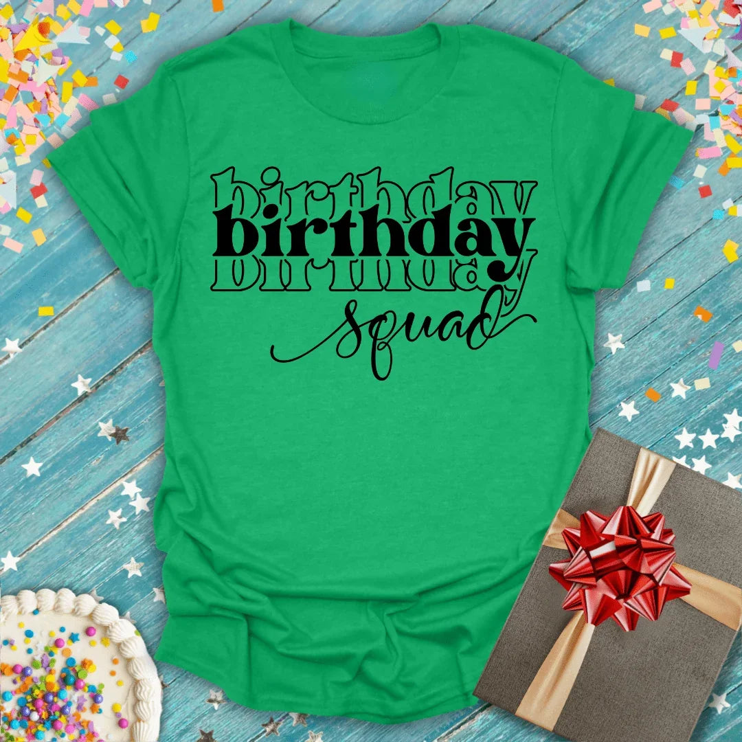 Green birthday squad tee with confetti, cake, and gift — perfect for birthday celebrations and group outings.