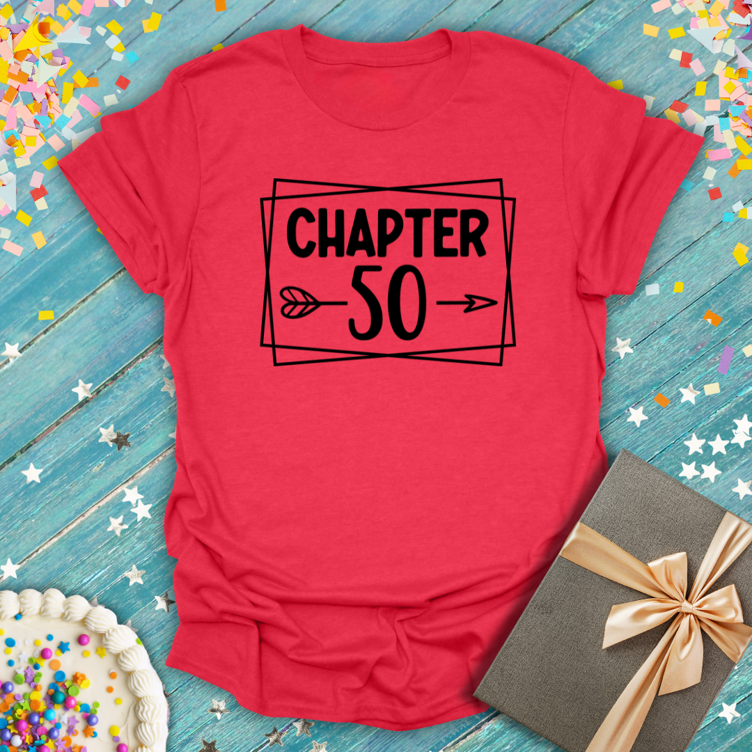 Red Epic Era Tees Chapter 50 ERA T-Shirt featuring black bold text and an arrow graphic.