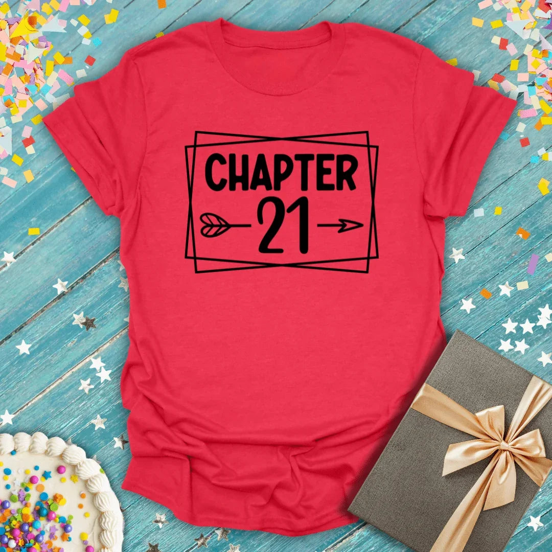 Red Chapter 21 birthday tee with confetti, cake, and gift—perfect for 21st birthday celebrations