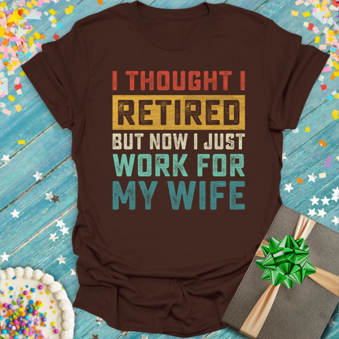 Brown Epic Era Tees 'I Thought I Retired' t-shirt with multicolored distressed vintage typography.