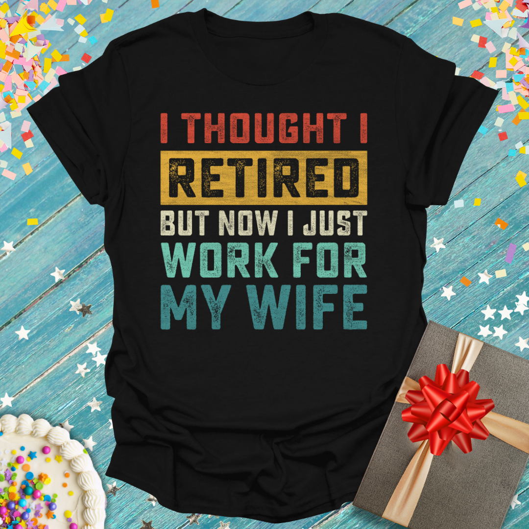 Black Epic Era Tees 'I Thought I Retired' t-shirt with colorful, distressed vintage text.