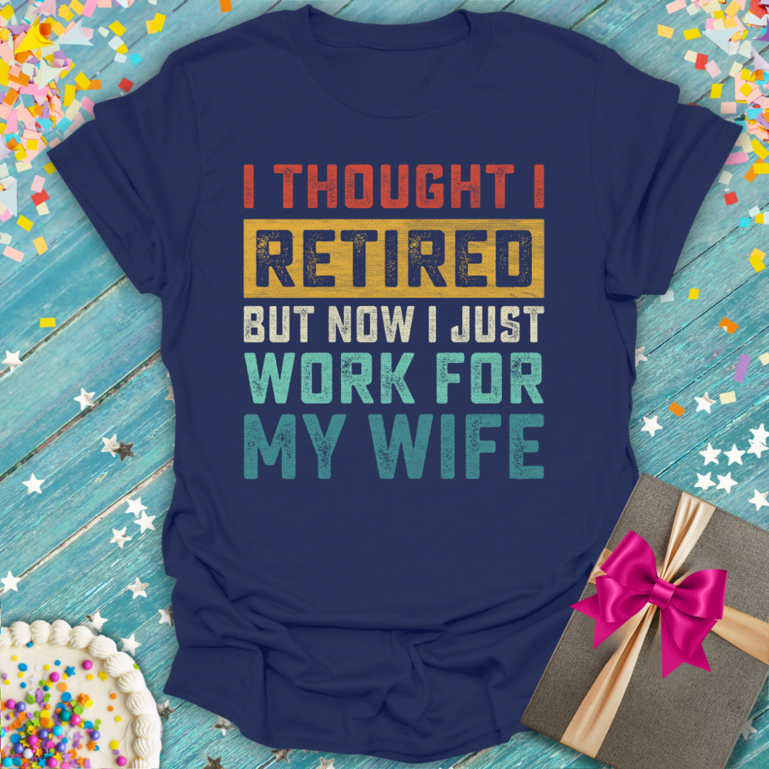 Navy blue Epic Era Tees 'I Thought I Retired' shirt with colorful distressed typography.