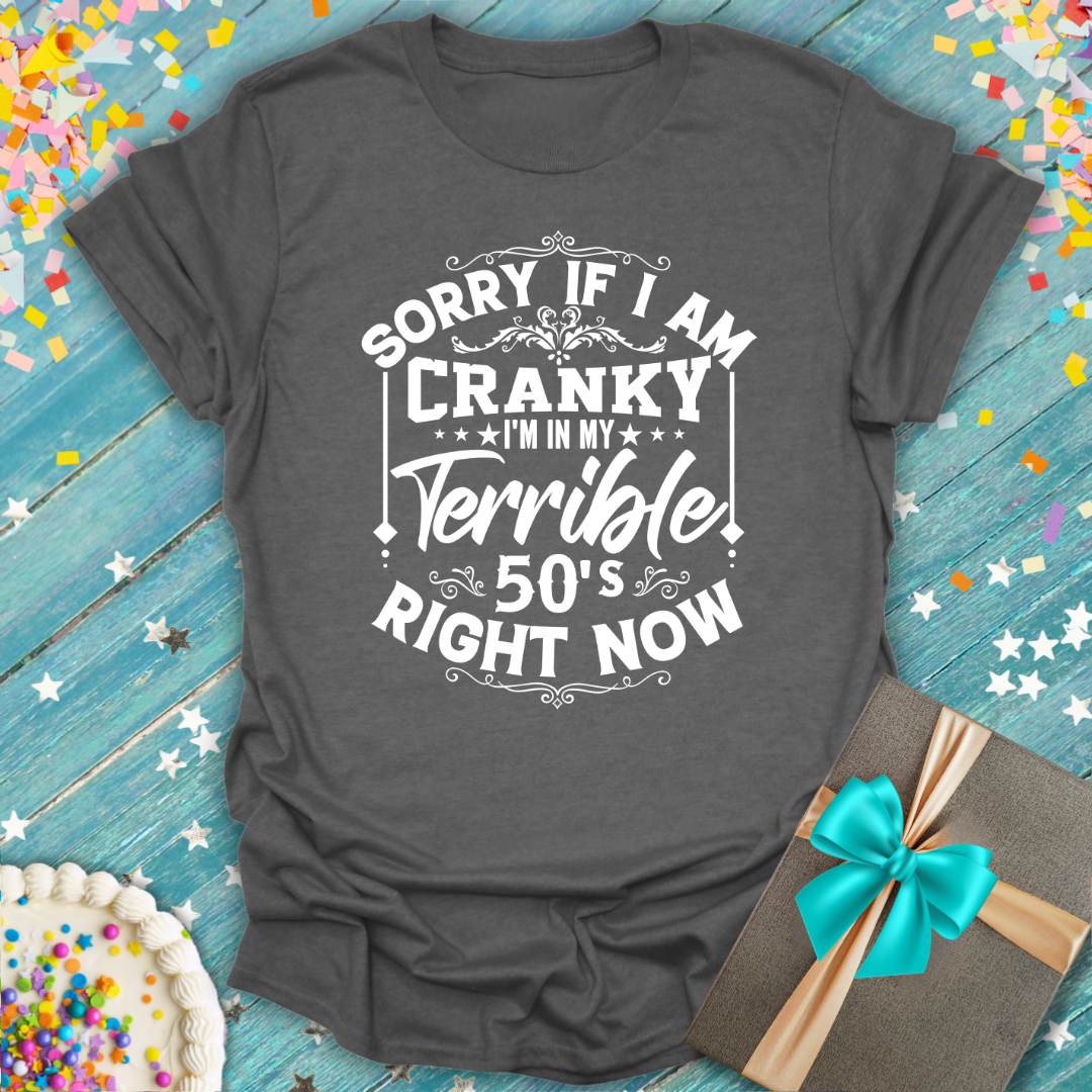 Dark grey Epic Era Tees 'In My Terrible Fifties!' t-shirt with decorative white typography.