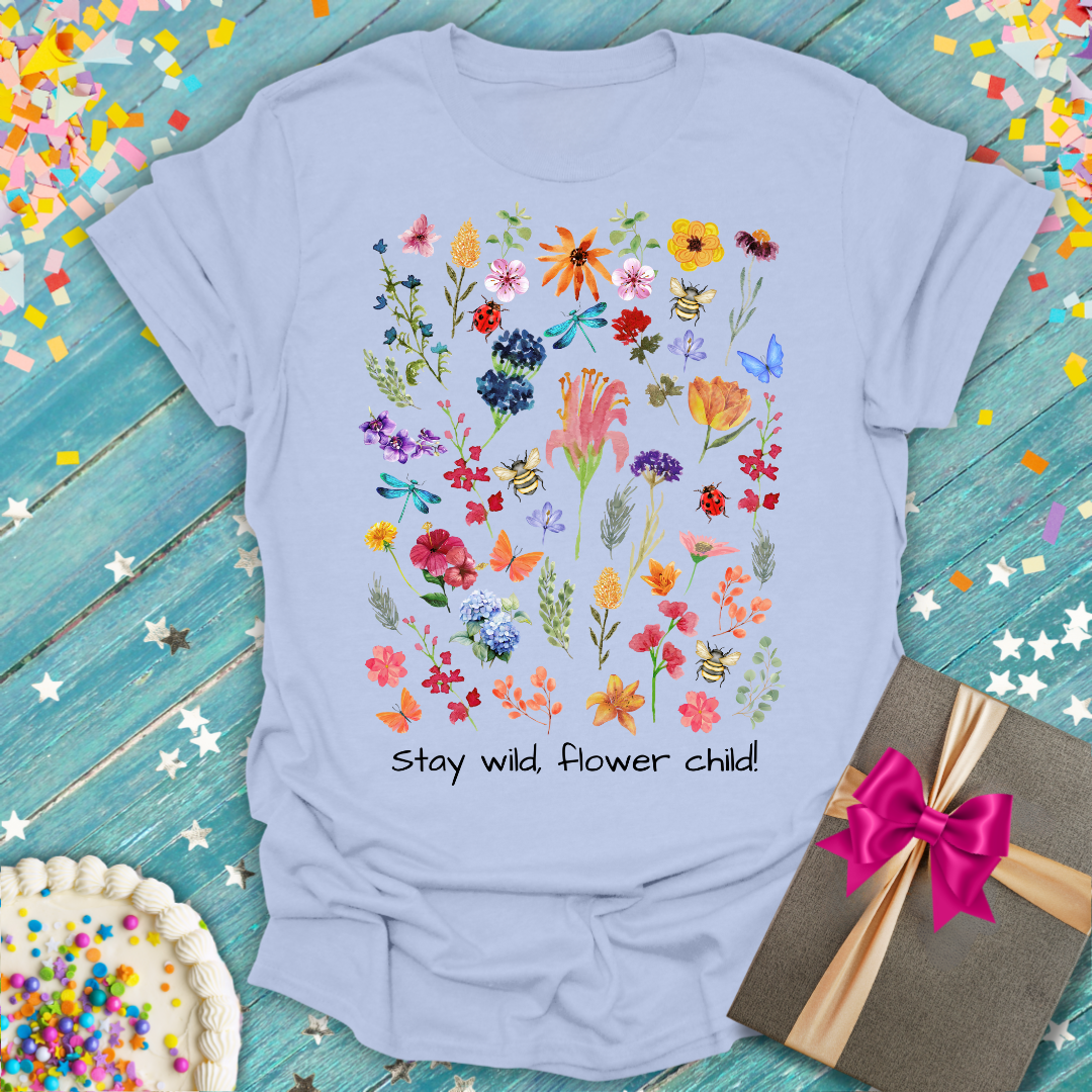 Light blue Epic Era Tees 'Stay Wild, Flower Child' shirt with watercolor florals, bees, and butterflies.