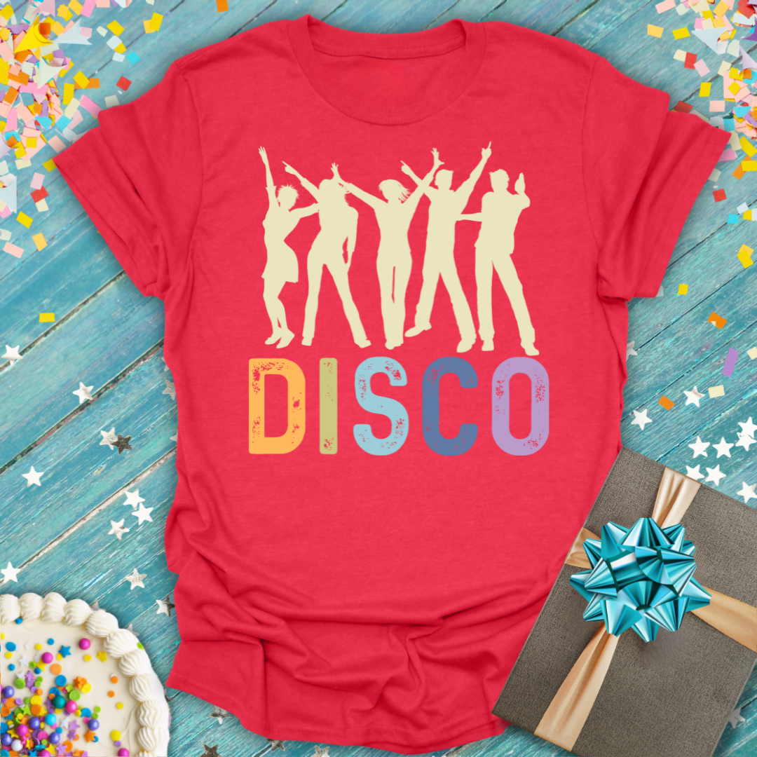 Red Epic Era Tees Disco ERA T-Shirt featuring dancing silhouettes and colorful text.