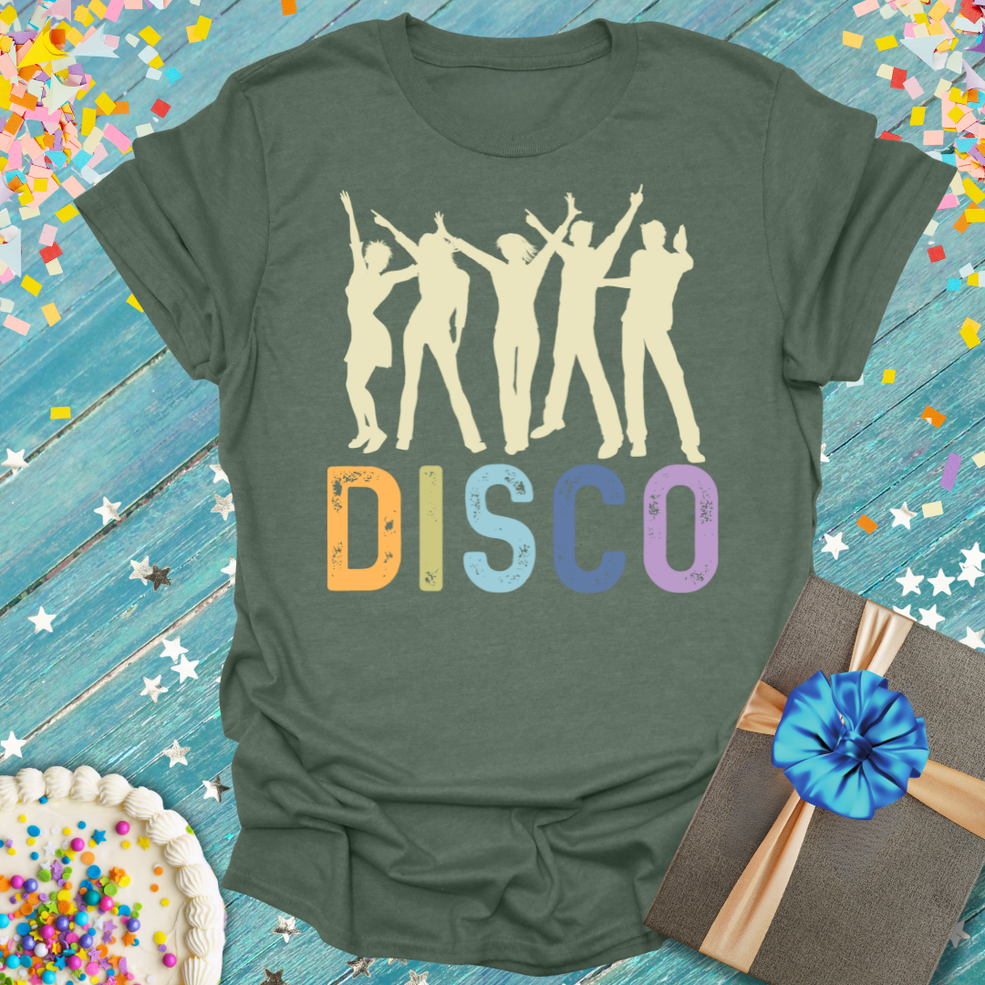 Epic Era Tees Disco ERA T-Shirt in olive green featuring dancing silhouettes and colorful text.
