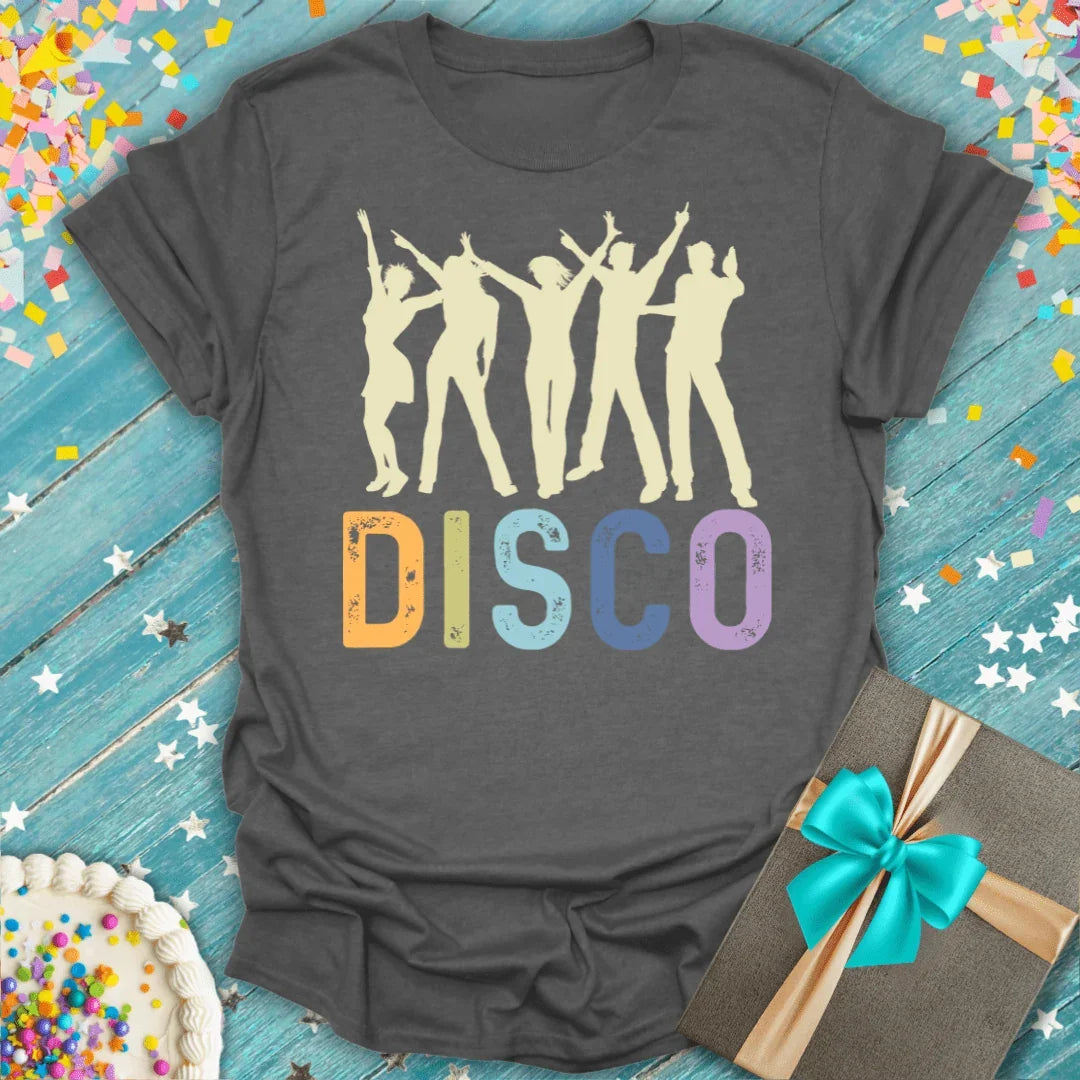 Gray disco t-shirt with dancing silhouettes and rainbow text, perfect for birthdays or trips