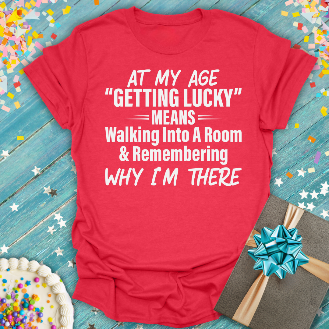 Red At My Age ERA T-Shirt by Epic Era Tees featuring a funny white text quote about memory.