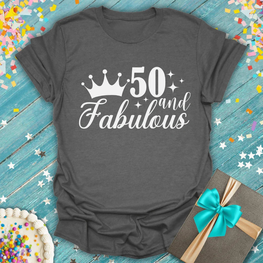 Gray 50 and Fabulous birthday tee with crown design, perfect for milestone celebrations and gifts