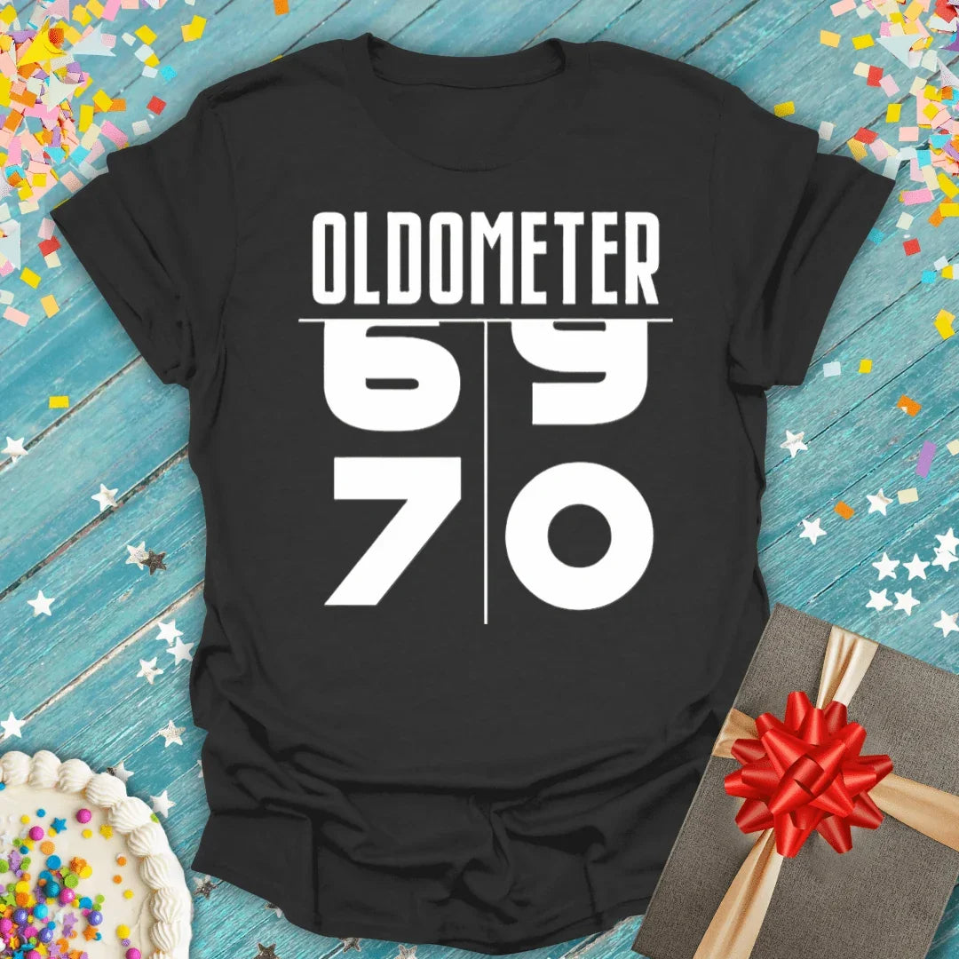 Black Epic Era Tees shirt with white 'OLDOMETER 70' graphic in a digital odometer style.