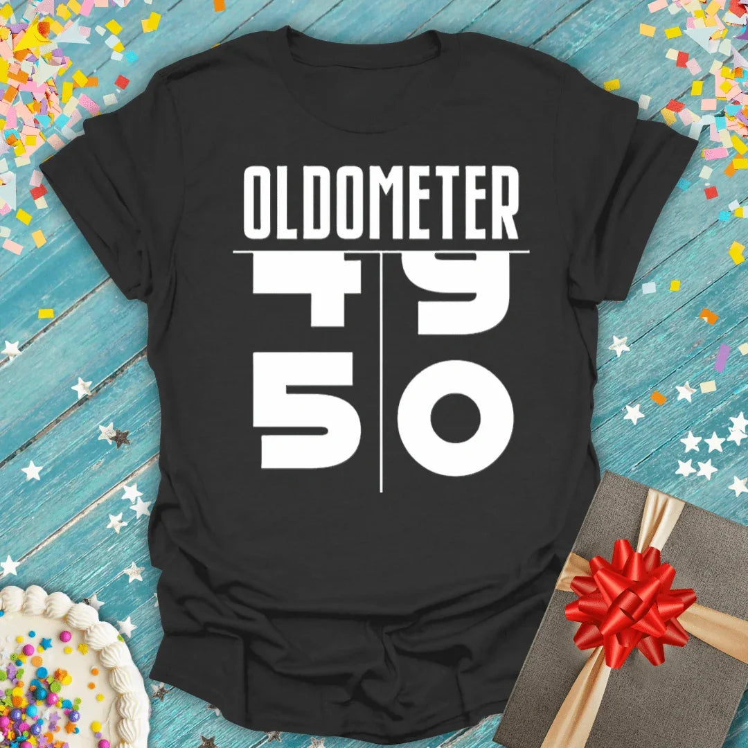 Black 'Oldometer 49 to 50' birthday tee with confetti, cake, and gift — perfect 50th birthday gift