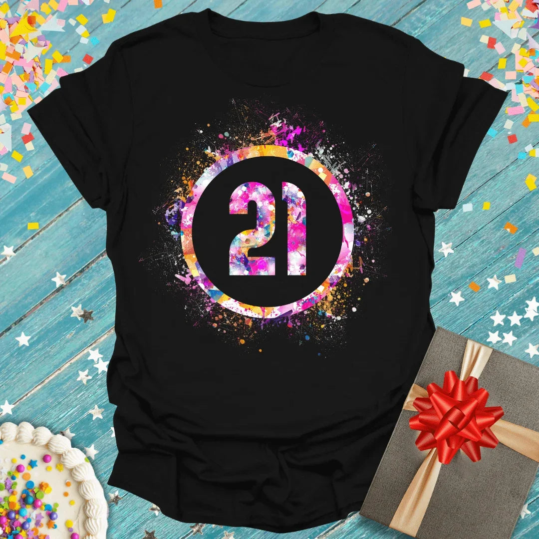 Black 21st birthday tee with colorful confetti design, perfect for milestone celebrations and gifts