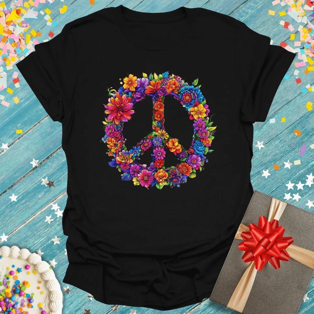 Black t-shirt with colorful floral peace sign, perfect for birthdays or gifts, surrounded by confetti and cake.