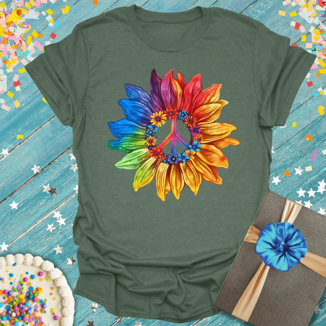 Rainbow sunflower peace sign tee with birthday cake & gift, soft graphic tee for celebrations