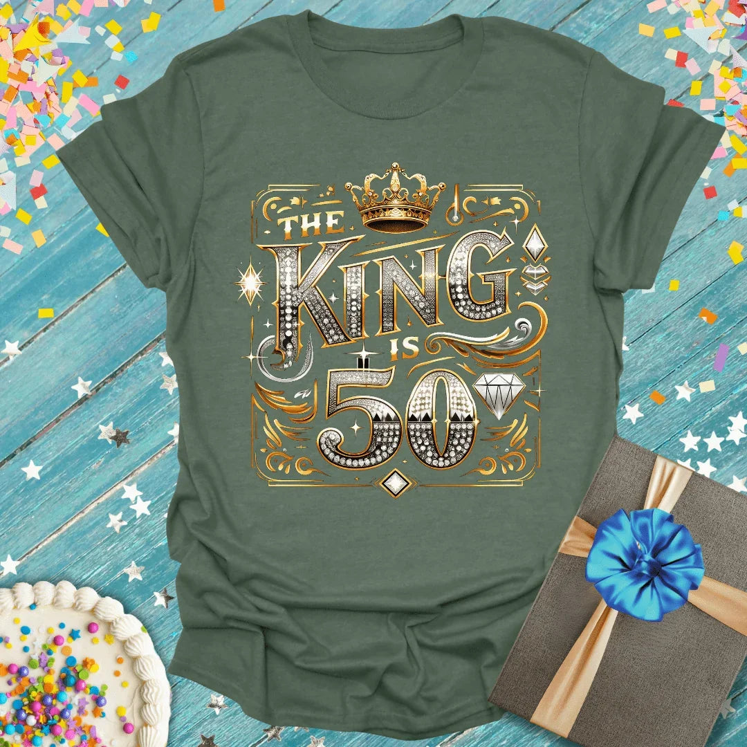 The King Is 50 birthday tee with crown & diamonds, perfect for 50th birthday gifts and celebrations