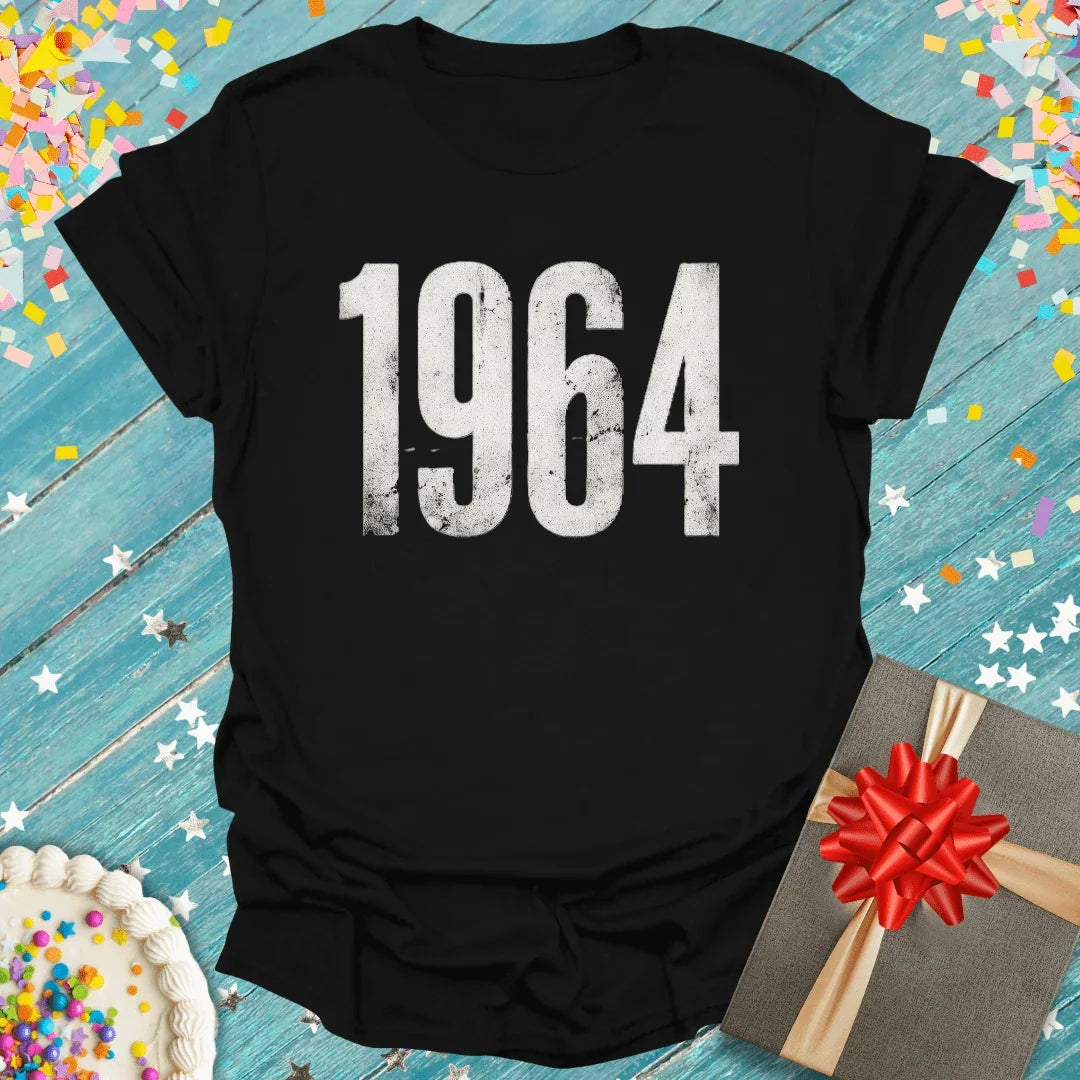 Black 1964 birthday tee with confetti, cake, and gift—perfect for milestone celebrations