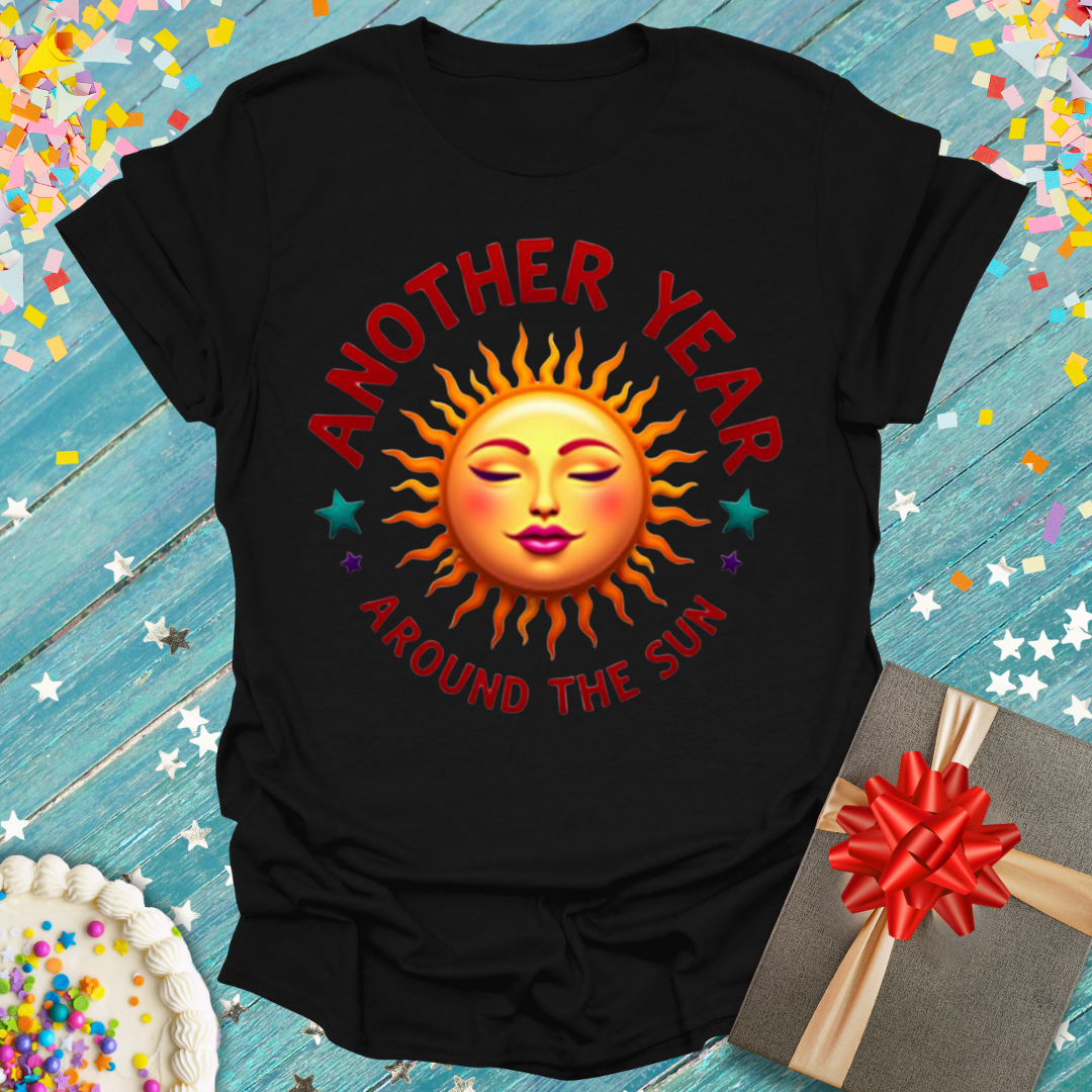 Black Epic Era Tees Another Year ERA T-Shirt featuring a stylized sun graphic and red curved text.