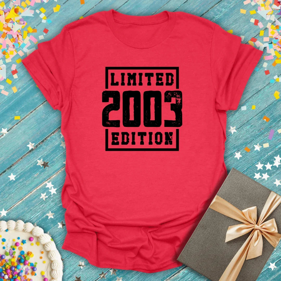 Red 'Limited 2003 Edition' birthday tee with confetti, cake, and gift—perfect for milestone celebrations.