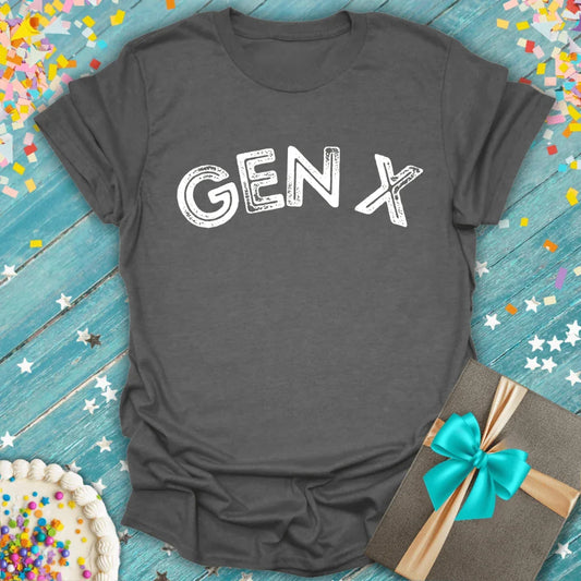 Epic Era Tees charcoal grey t-shirt featuring a distressed white 'GEN X' graphic print.