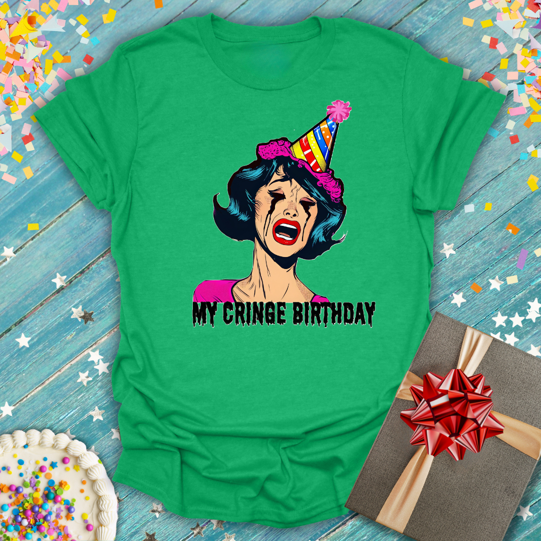 Epic Era Tees green My Cringe Birthday T-Shirt featuring a crying woman in a party hat graphic.