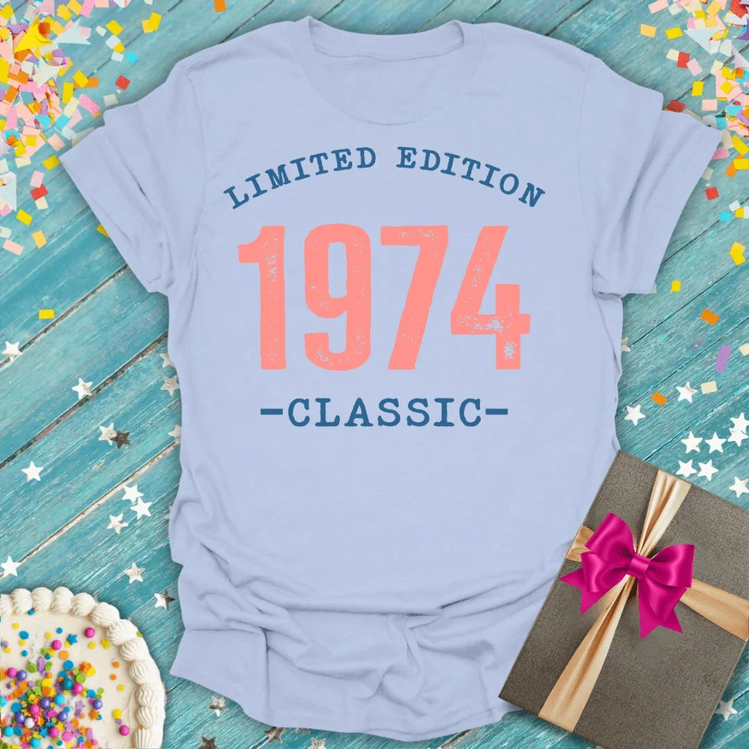 Limited Edition 1974 Classic tee with birthday cake and gift, perfect for milestone celebrations