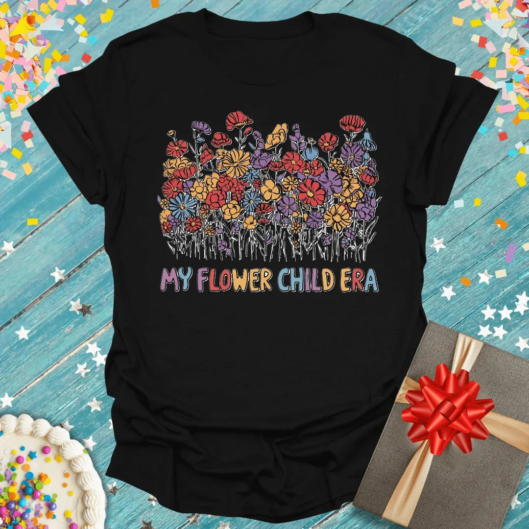 Black 'My Flower Child Era' tee with colorful floral print, perfect for birthdays or gifts
