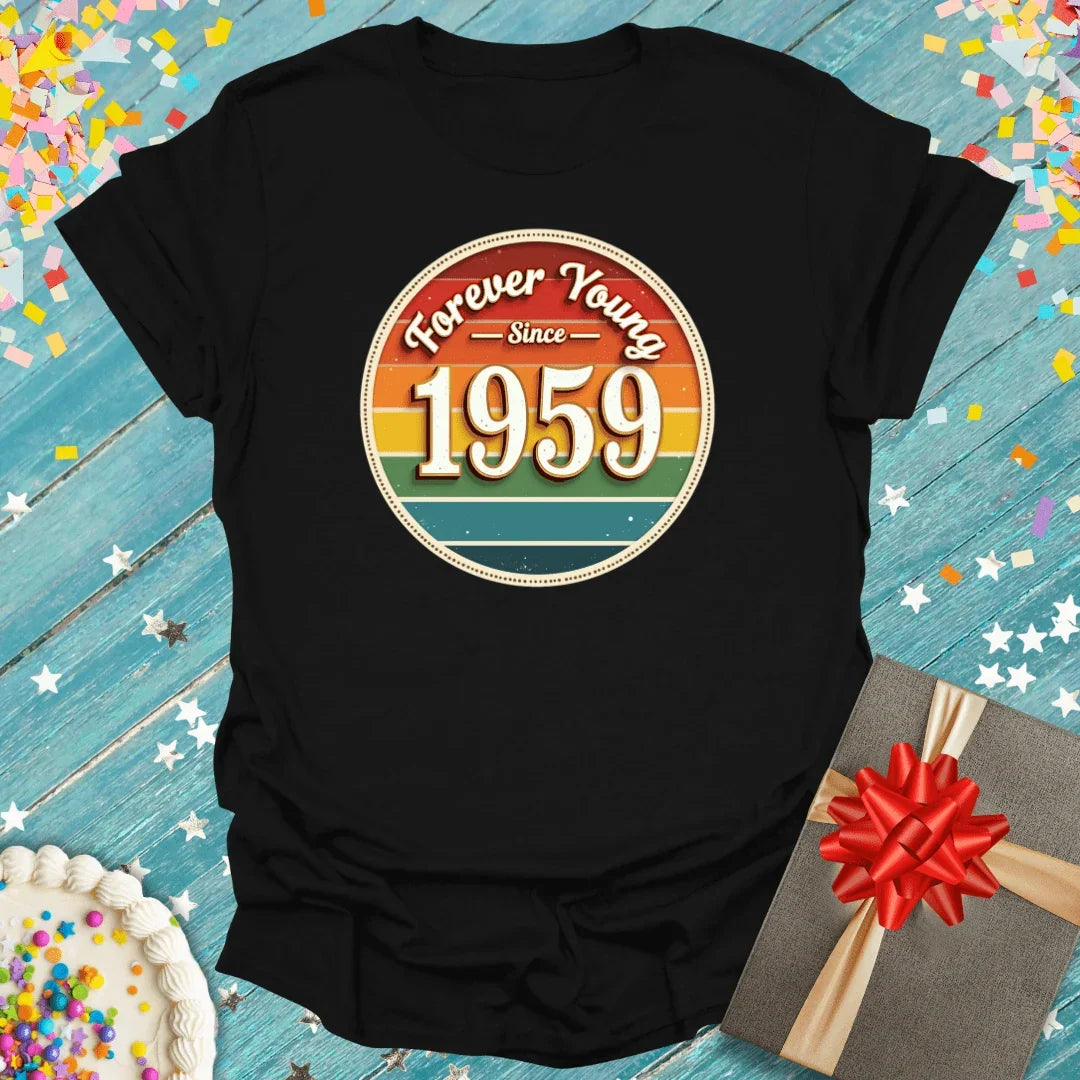 Black 'Forever Young Since 1959' vintage birthday tee with confetti, cake, and gift—perfect for milestone celebrations.