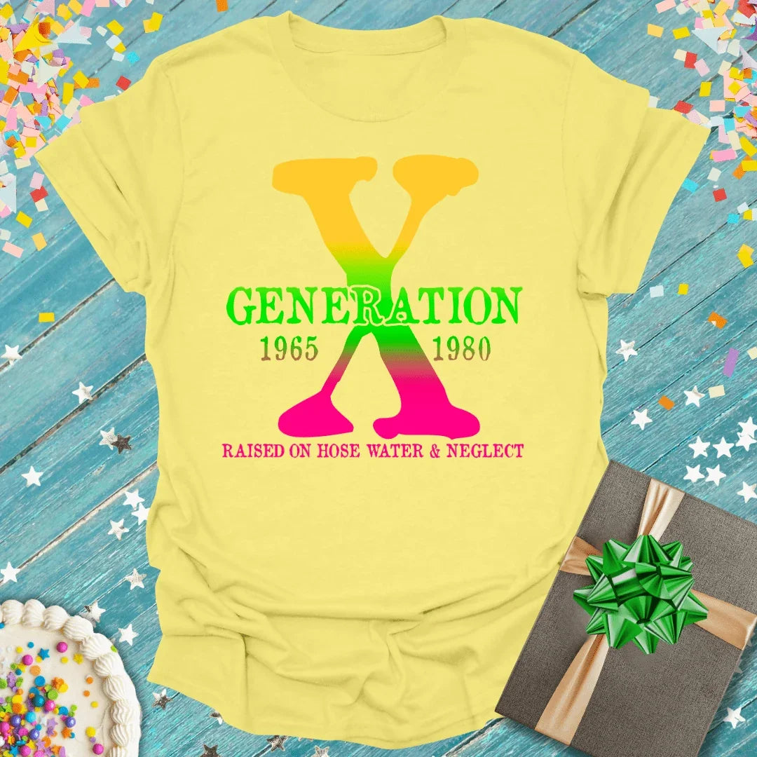 Yellow Generation X tee with rainbow 'X', '1965-1980', 'Raised on Hose Water & Neglect', gift box, cake, confetti