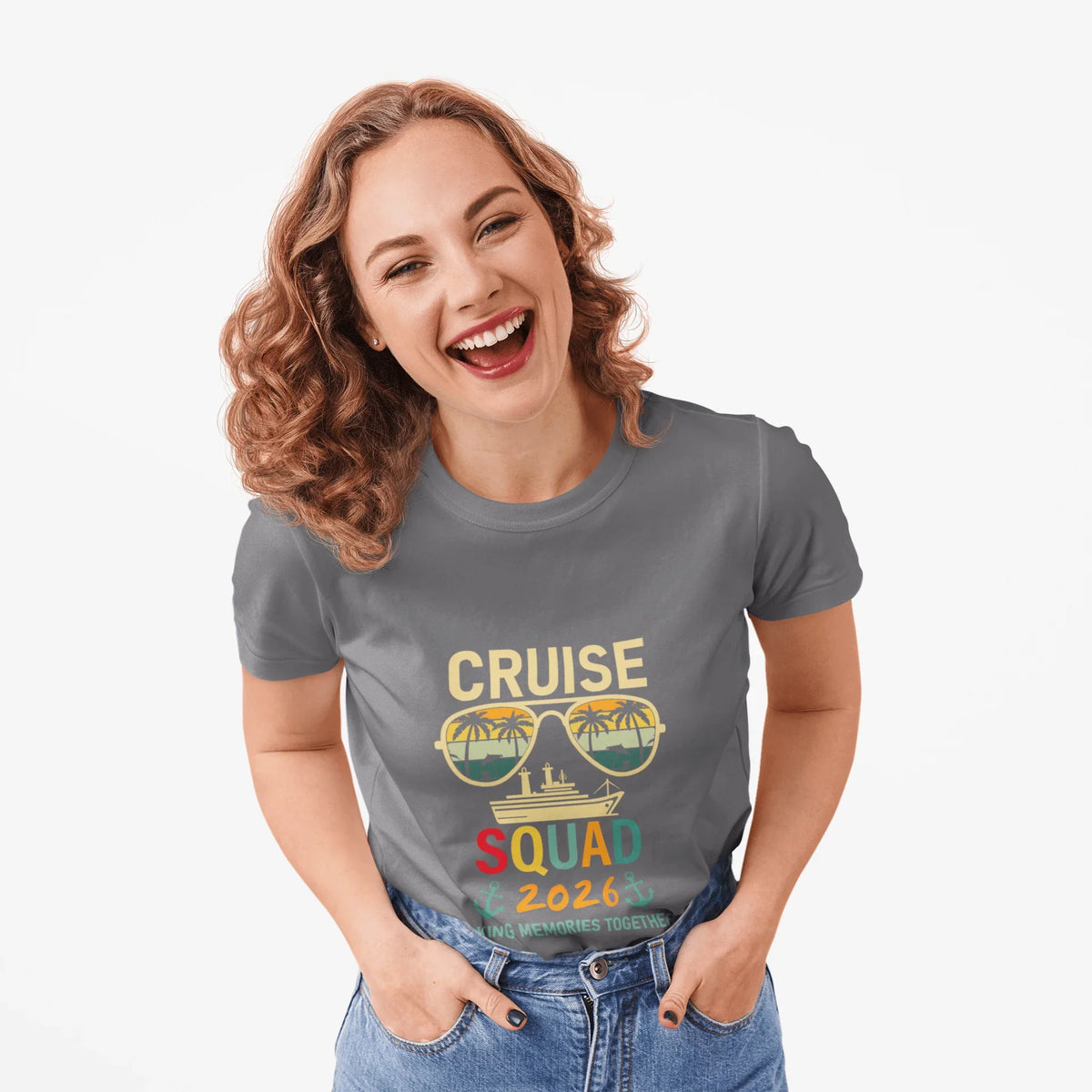 Woman smiling in gray Cruise Squad 2026 tee with sunglasses palm tree design, perfect for vacation memories