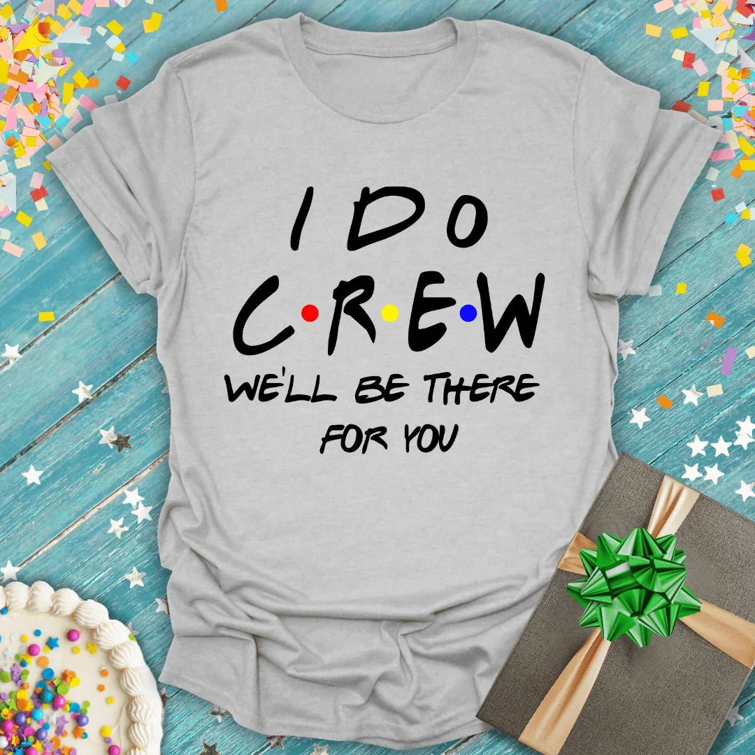 I Do Crew wedding party tee with confetti, cake, and gift—perfect for bridal squad birthdays & trips