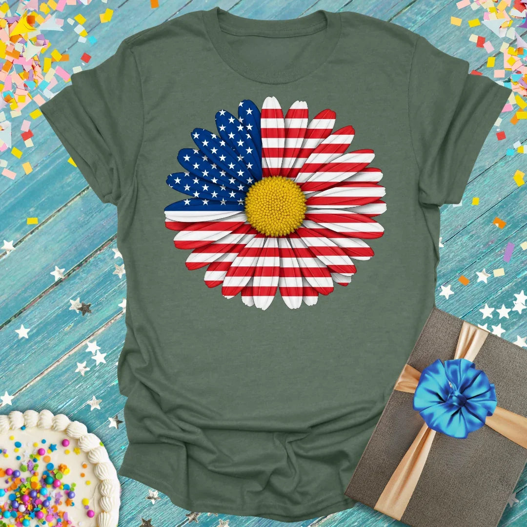 Olive green t-shirt with patriotic daisy graphic, stars and stripes petals, yellow center â Epic Era Tees