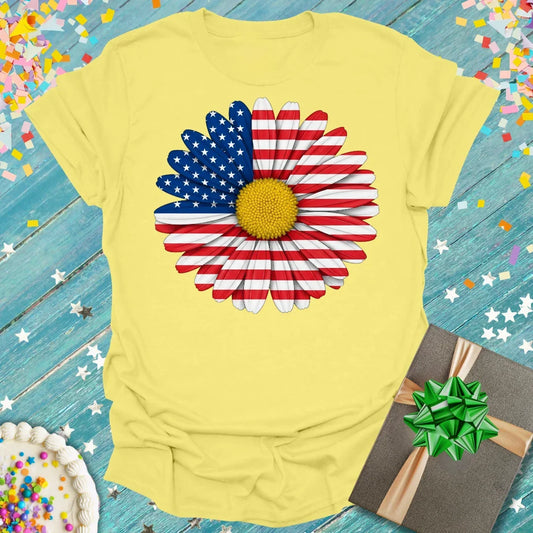 Yellow t-shirt with American flag daisy graphic, bold patriotic design by Epic Era Tees