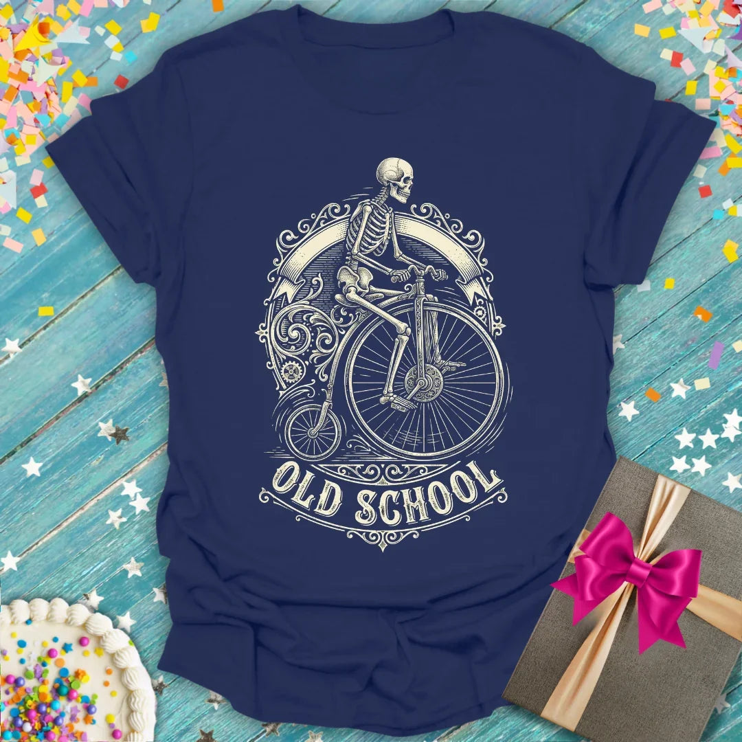 Navy 'Old School' t-shirt by Epic Era Tees featuring skeleton on vintage bike with ornate frame and bold lettering.