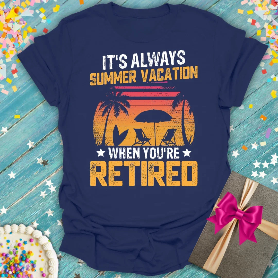 Navy 'It's Always Summer Vacation When You're Retired' tee with palm sunset graphic, Epic Era Tees