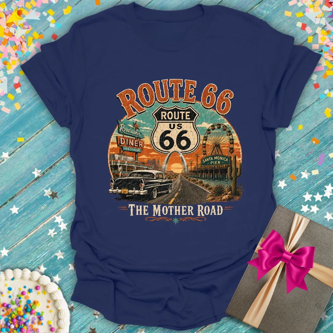 Navy blue Epic Era Tees t-shirt featuring a vintage Route 66 graphic with a classic car and landmarks.