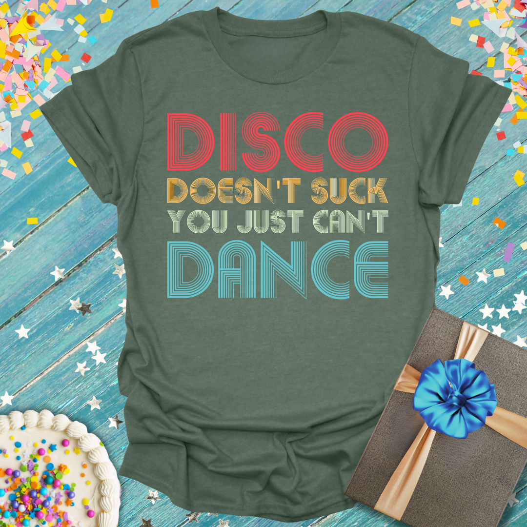 Epic Era Tees Disco Doesn't Suck T-Shirt in olive green with retro multi-colored typography.