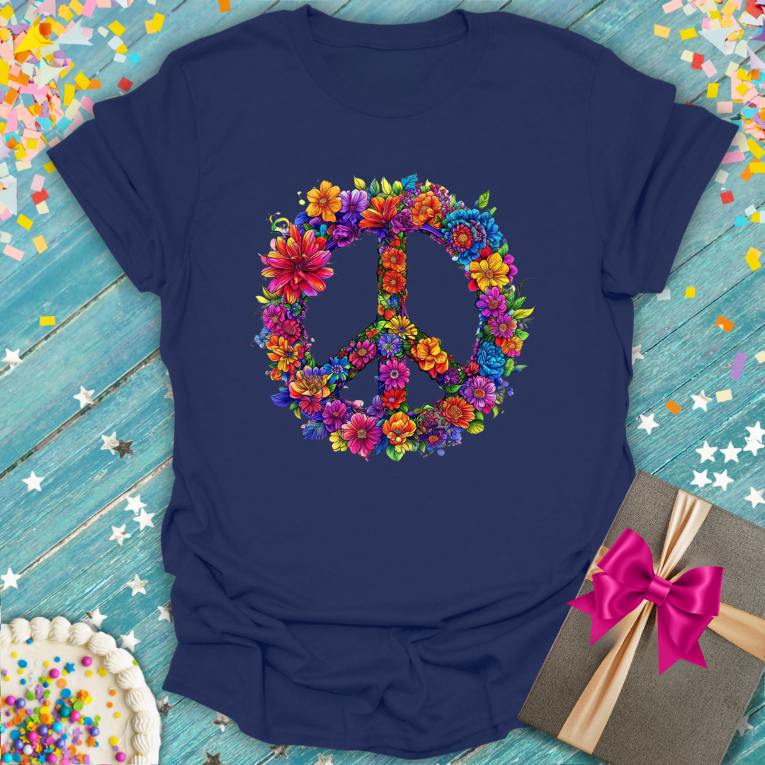 Epic Era Tees navy blue 1960's Floral Peace Sign T-Shirt with a vibrant multicolored flower graphic.