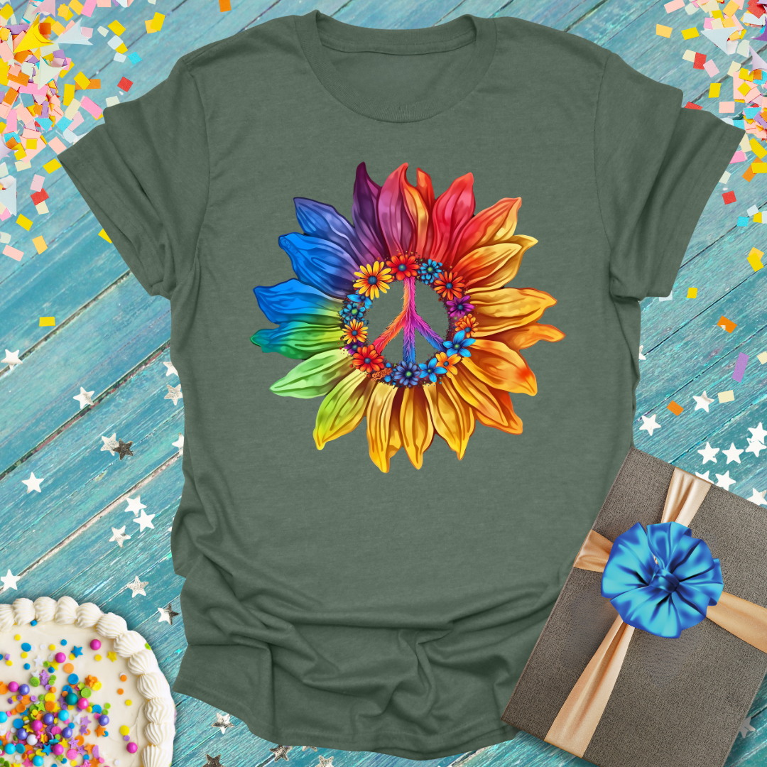 Olive green Printify t-shirt featuring a rainbow floral peace sign sunflower design.