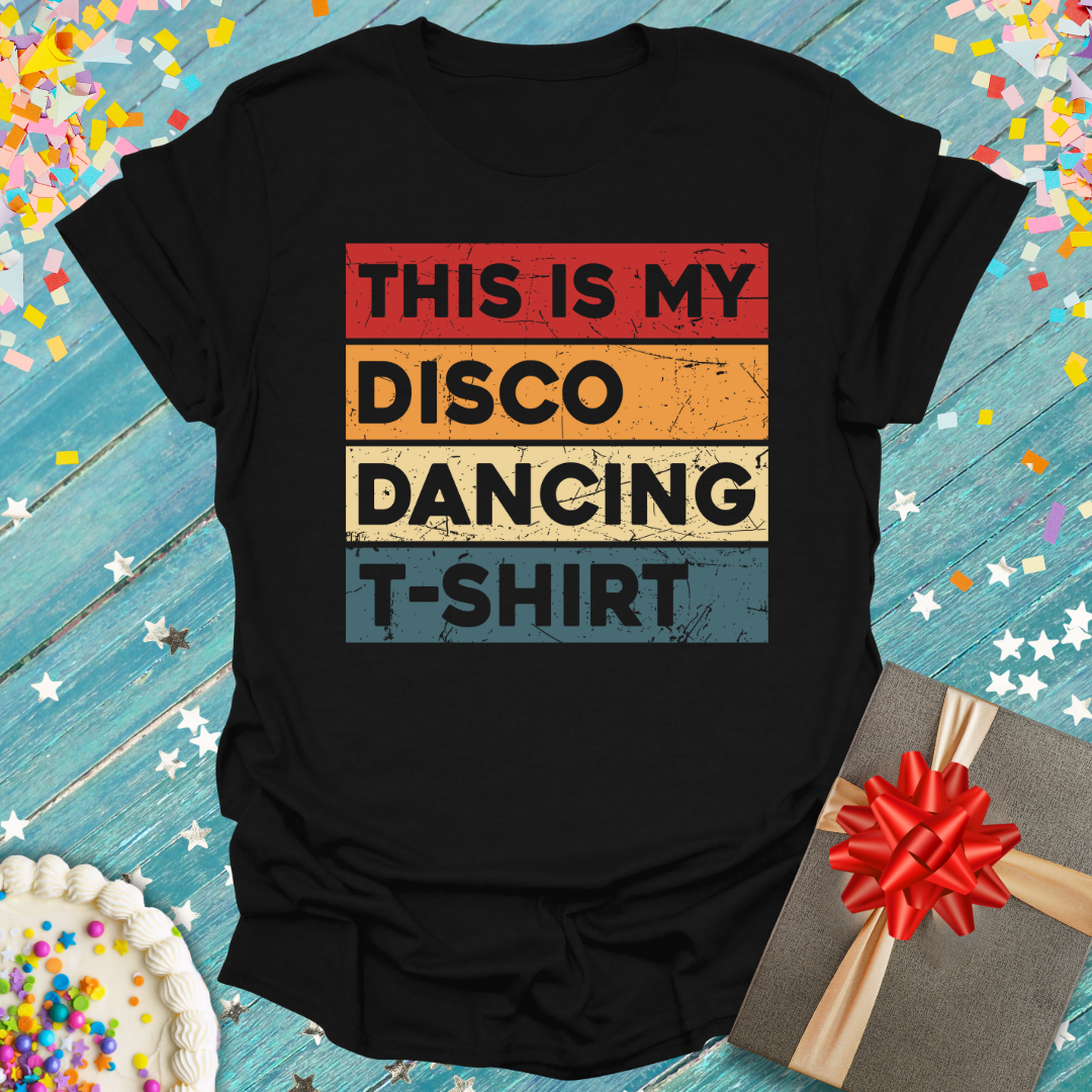 Black Epic Era Tees Disco Dancing T-Shirt with retro multi-colored striped graphic text.